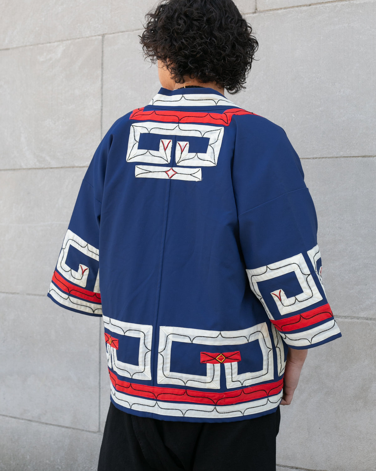 Vintage Ainu Jacket, Short, Blue with Red and White Patterns
