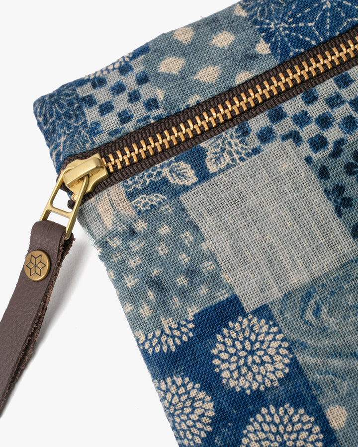 Kiriko Original Flat Zipper Pouch, Small, Washed Indigo Patchwork Style