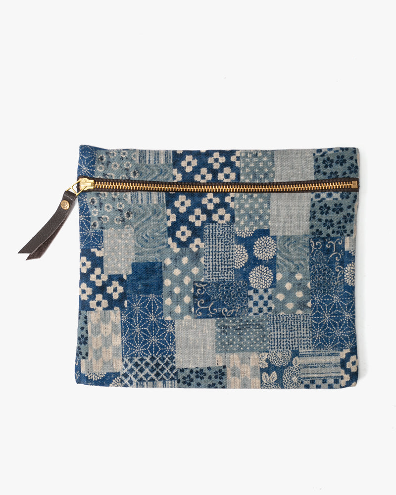 Kiriko Original Flat Zipper Pouch, Medium, Washed Indigo Patchwork Style