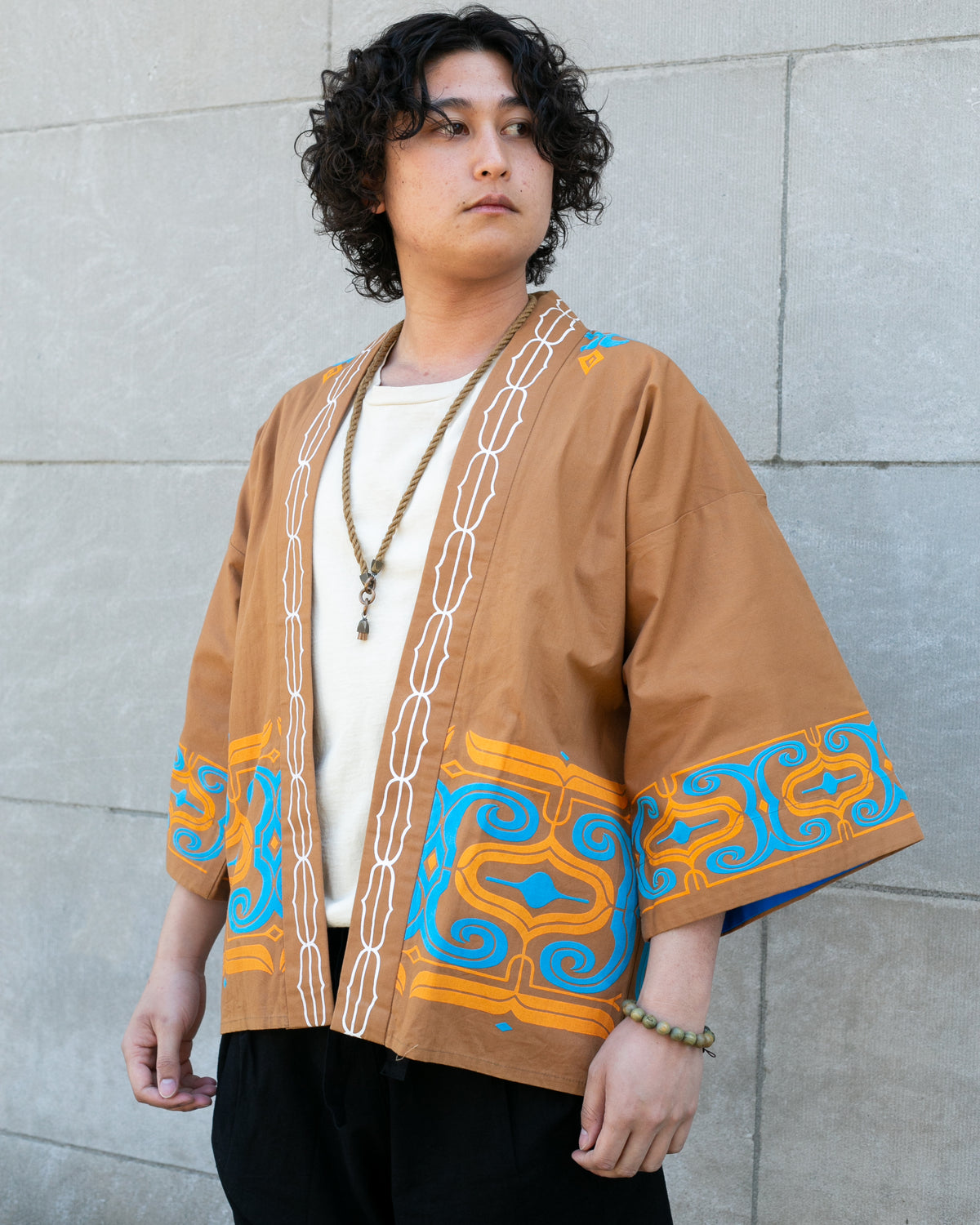 Vintage Ainu Jacket, Short, Light Brown with Teal and Orange Patterns