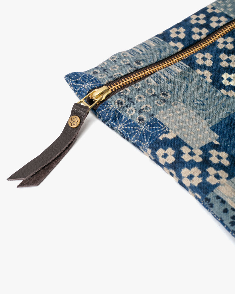 Kiriko Original Flat Zipper Pouch, Medium, Washed Indigo Patchwork Style
