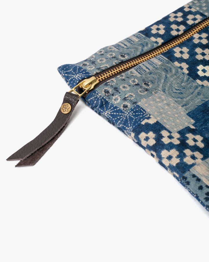 Kiriko Original Flat Zipper Pouch, Medium, Washed Indigo Patchwork Style