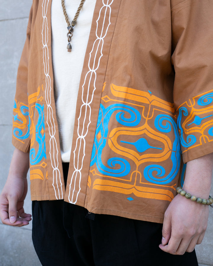 Vintage Ainu Jacket, Short, Light Brown with Teal and Orange Patterns