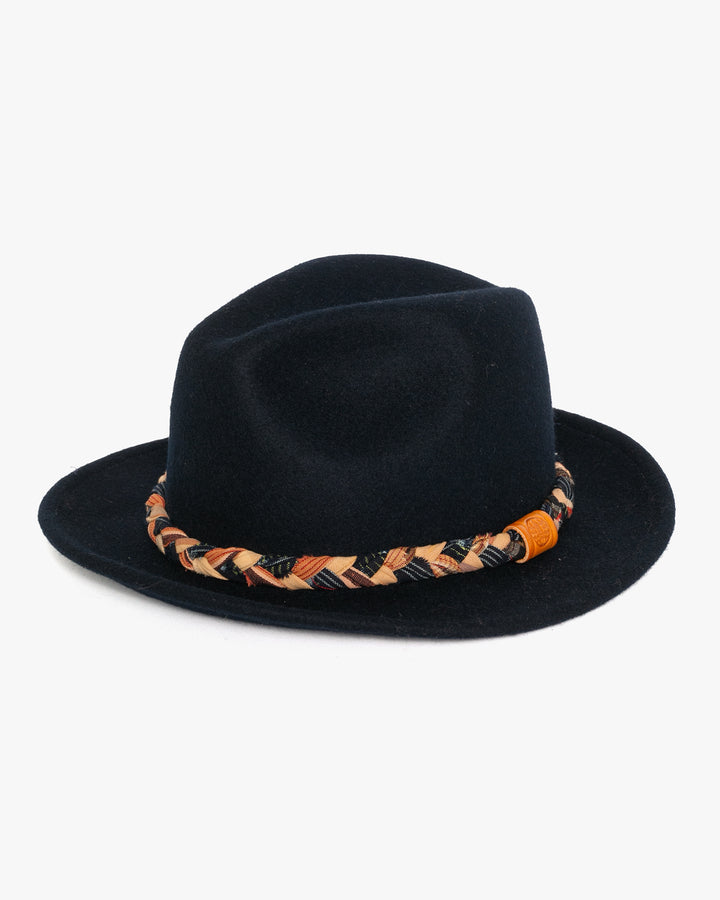 Kiriko Custom Wool Felt Hat, Navy with Braided Boro Fabric, Yellow 108, Indigo and Orange