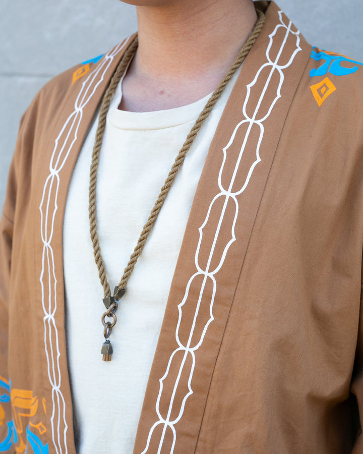 Vintage Ainu Jacket, Short, Light Brown with Teal and Orange Patterns