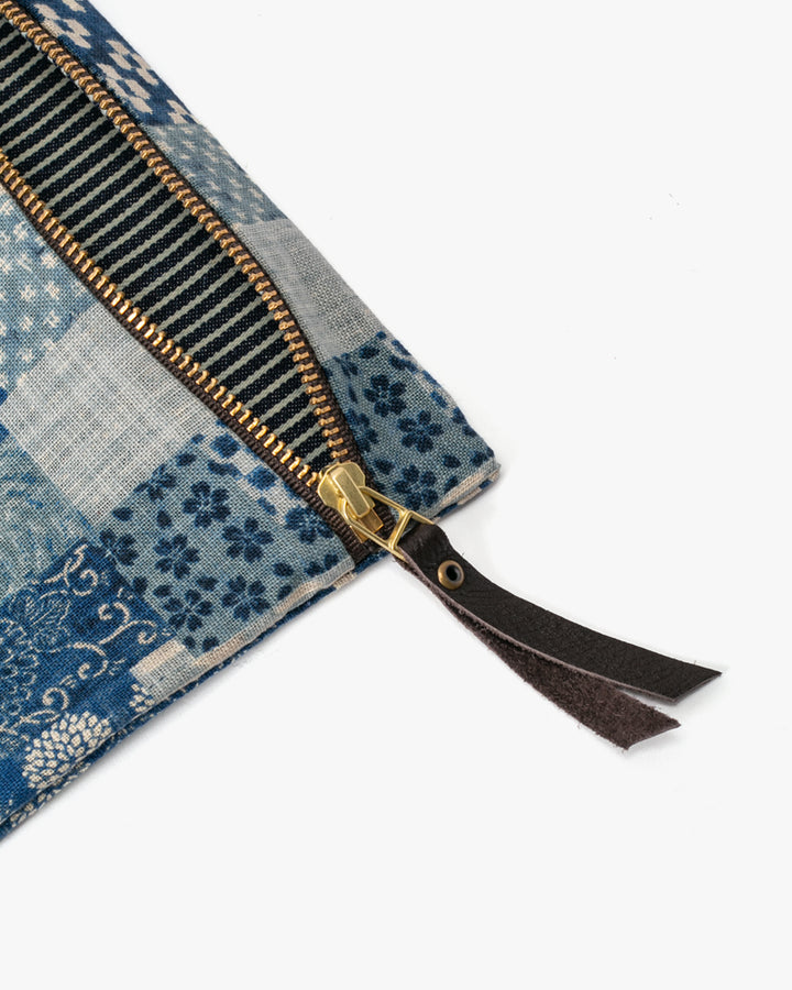 Kiriko Original Flat Zipper Pouch, Medium, Washed Indigo Patchwork Style