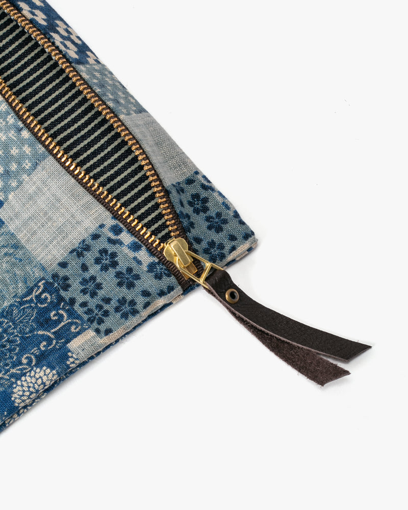 Kiriko Original Flat Zipper Pouch, Medium, Washed Indigo Patchwork Style