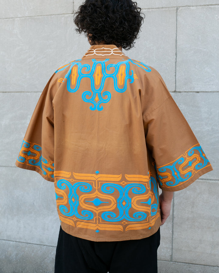 Vintage Ainu Robe, Short, Light Brown with Teal and Orange Patterns