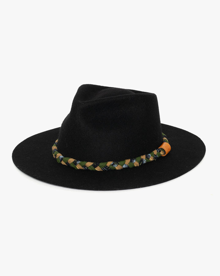 Kiriko Custom Wool Felt Hat, Black with Braided Boro Fabric, Yellow 108, Green and Indigo