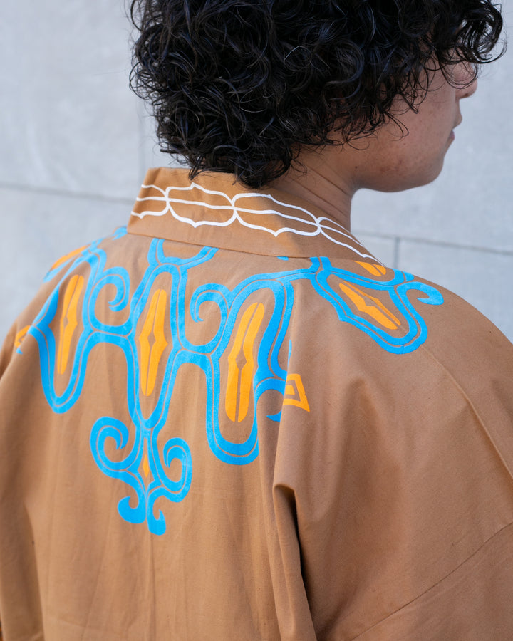 Vintage Ainu Jacket, Short, Light Brown with Teal and Orange Patterns
