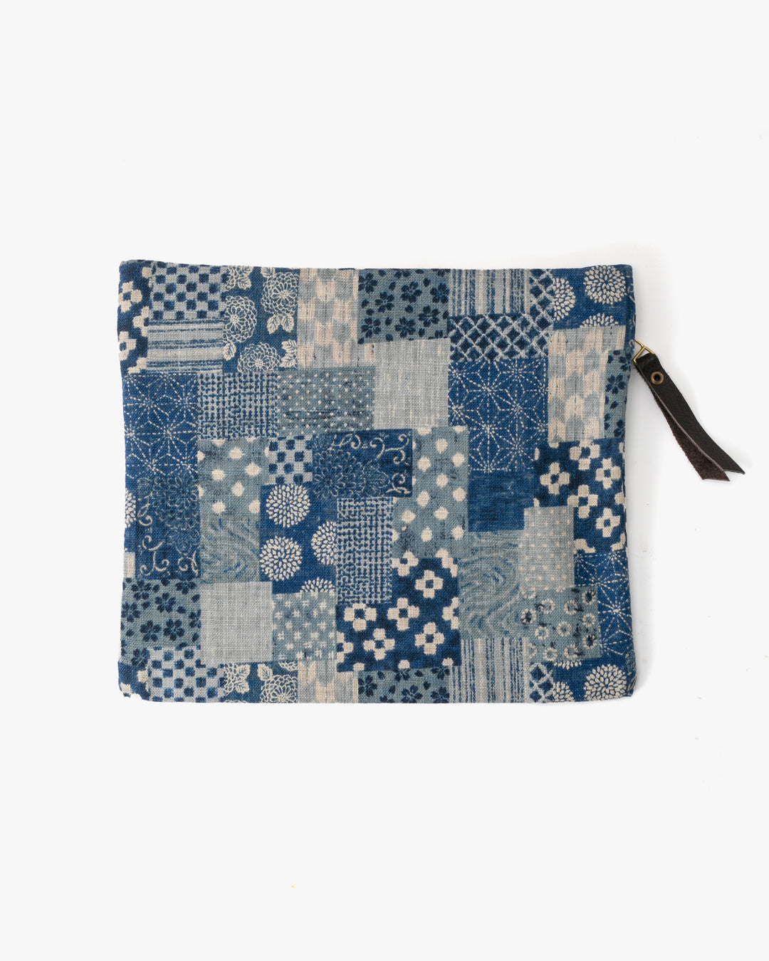 Kiriko Original Flat Zipper Pouch, Medium, Washed Indigo Patchwork Style
