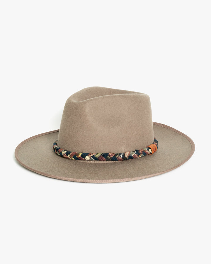 Kiriko Custom Wool Felt Hat, Taupe with Braided Boro Fabric, Brixton, Brown and Indigo