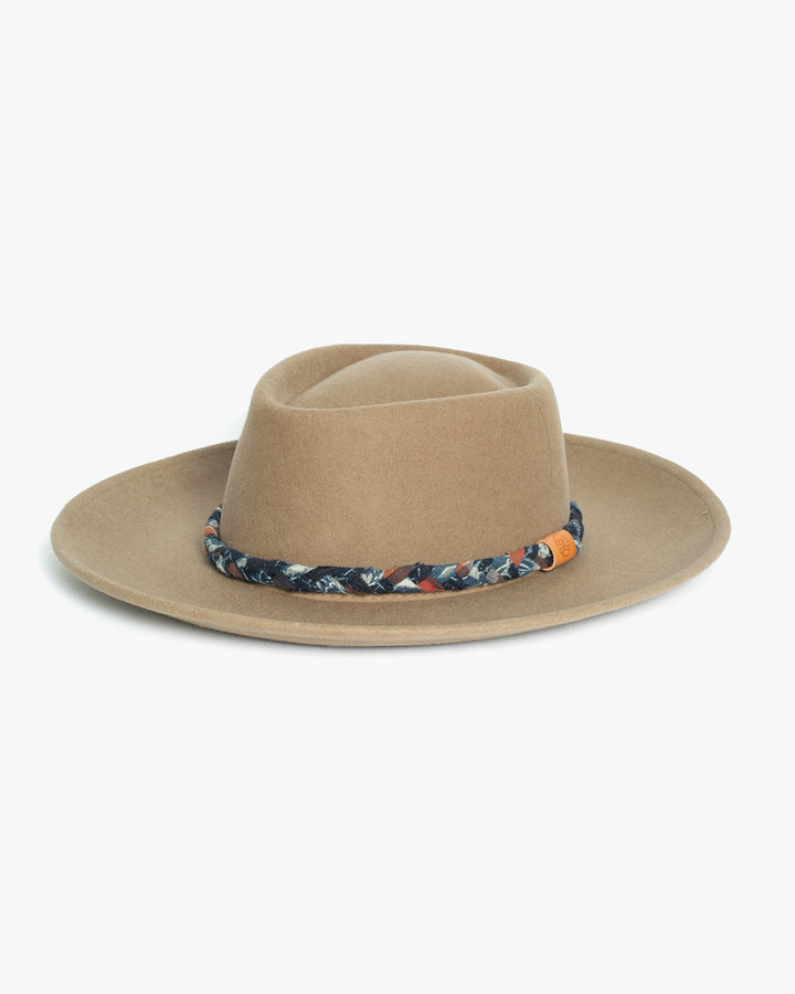 Kiriko Custom Wool Felt Hat, Camel with Braided Boro Fabric, Brixton, Indigo and Orange
