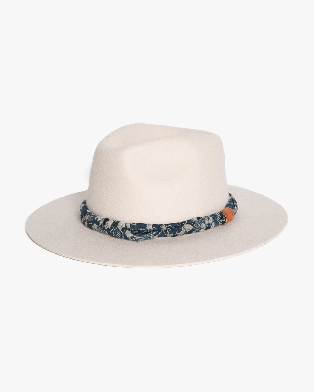 Kiriko Custom Wool Felt Hat, Stone with Twisted Boro Fabric, Brixton, Indigo Katazome Kiku Karakusa