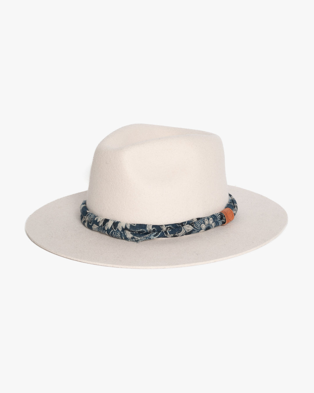 Kiriko Custom Wool Felt Hat, Stone with Twisted Boro Fabric, Brixton, Indigo Katazome Kiku Karakusa