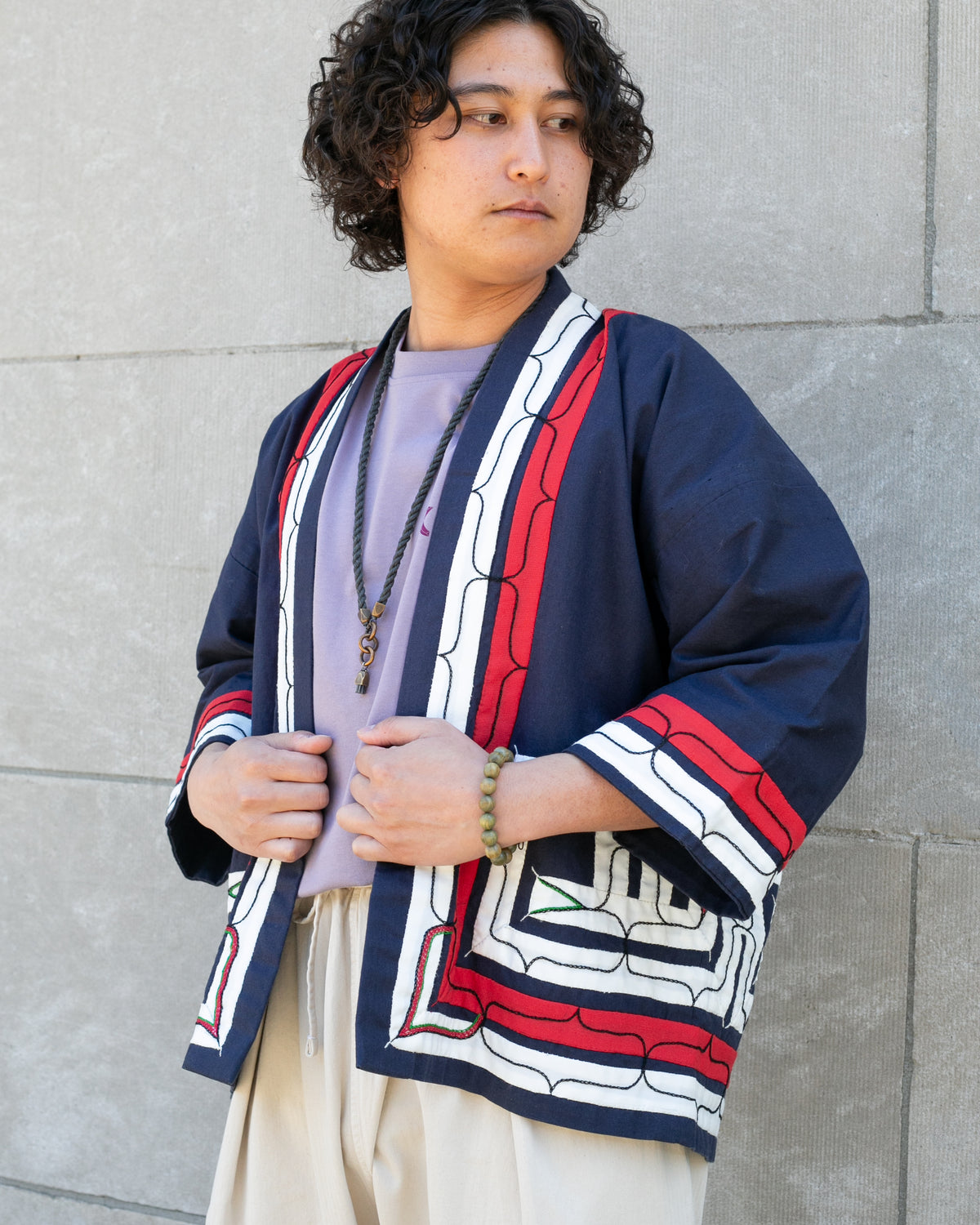 Vintage Ainu Jacket, Short, Indigo with Red and White Patterns