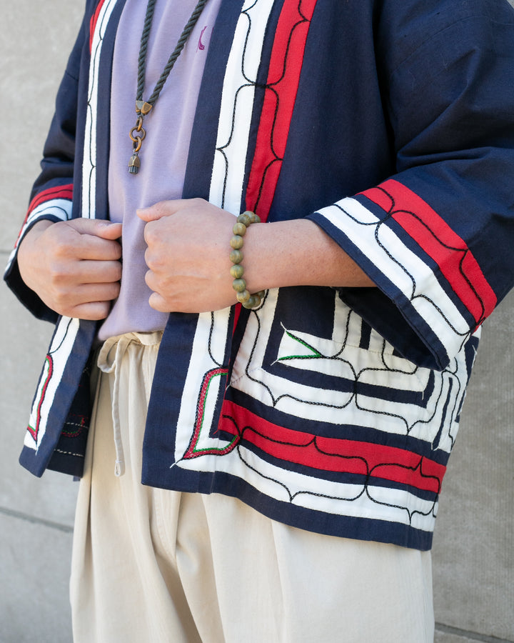 Vintage Ainu Jacket, Short, Indigo with Red and White Patterns