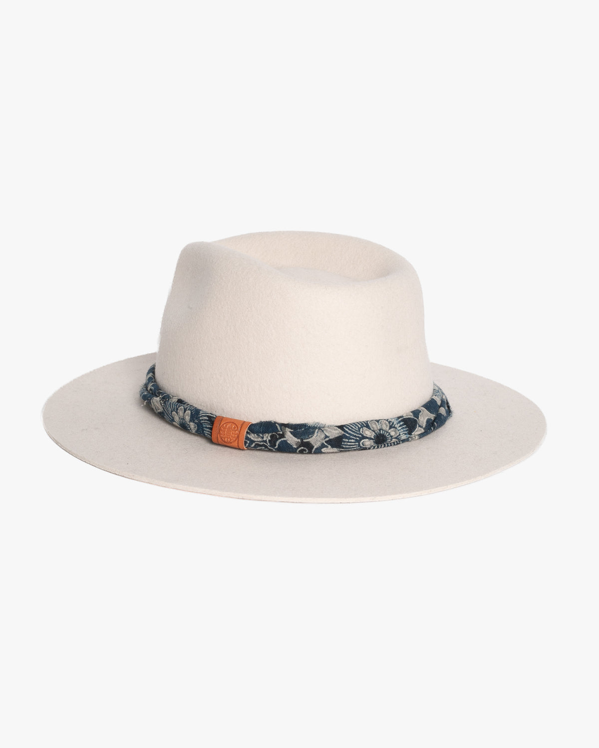 Kiriko Custom Wool Felt Hat, Stone with Twisted Boro Fabric, Brixton, Indigo Katazome Kiku Karakusa
