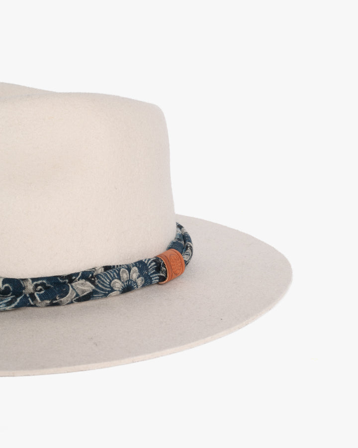 Kiriko Custom Wool Felt Hat, Stone with Twisted Boro Fabric, Brixton, Indigo Katazome Kiku Karakusa