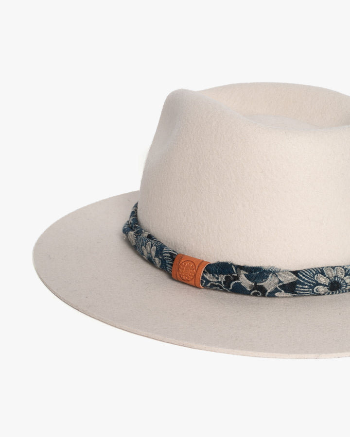 Kiriko Custom Wool Felt Hat, Stone with Twisted Boro Fabric, Brixton, Indigo Katazome Kiku Karakusa
