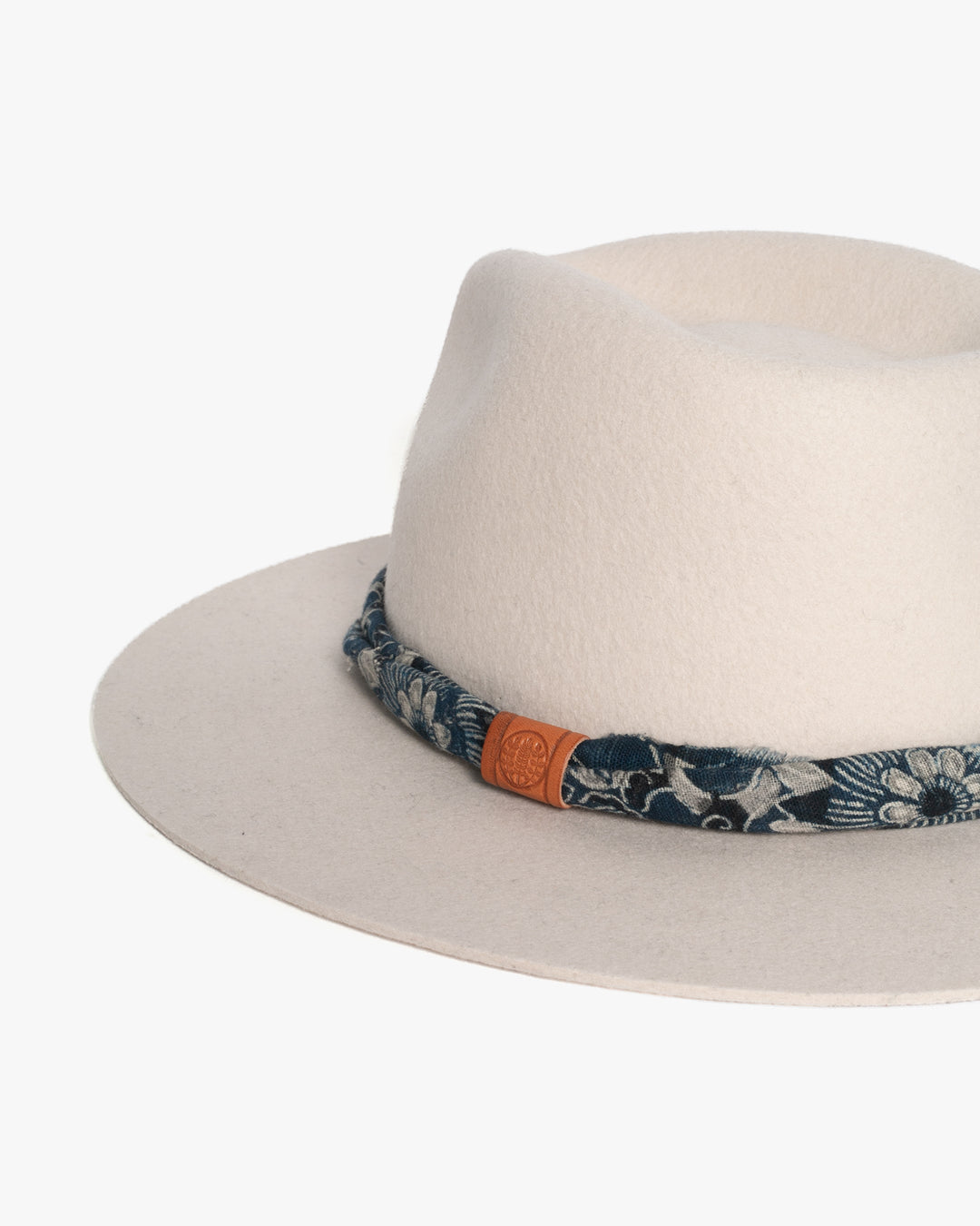 Kiriko Custom Wool Felt Hat, Stone with Twisted Boro Fabric, Brixton, Indigo Katazome Kiku Karakusa