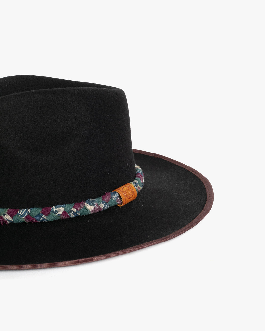 Kiriko Custom Wool Felt Hat, Navy with Braided Boro Fabric, Brixton, Teal and Burgundy