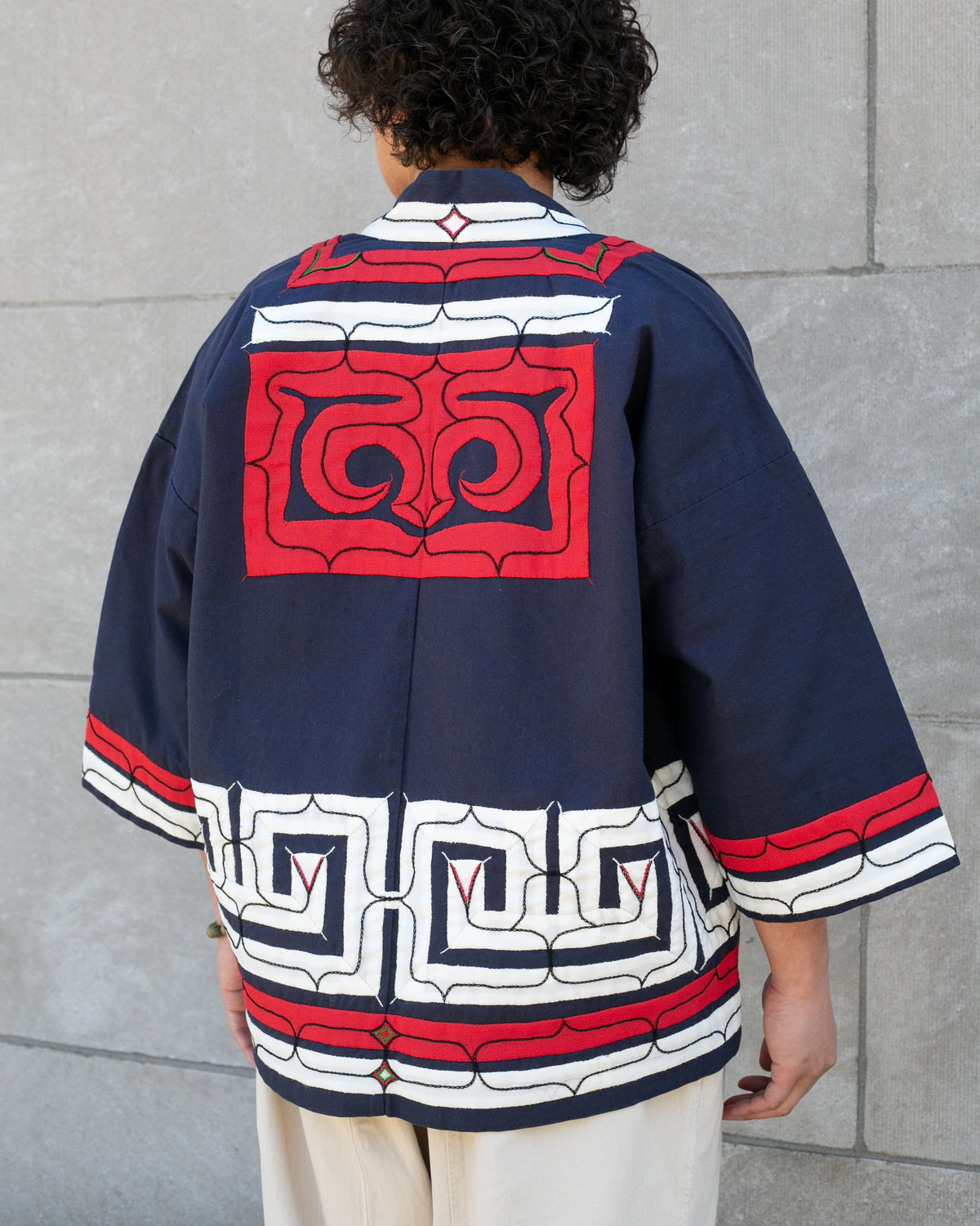 Vintage Ainu Jacket, Short, Indigo with Red and White Patterns