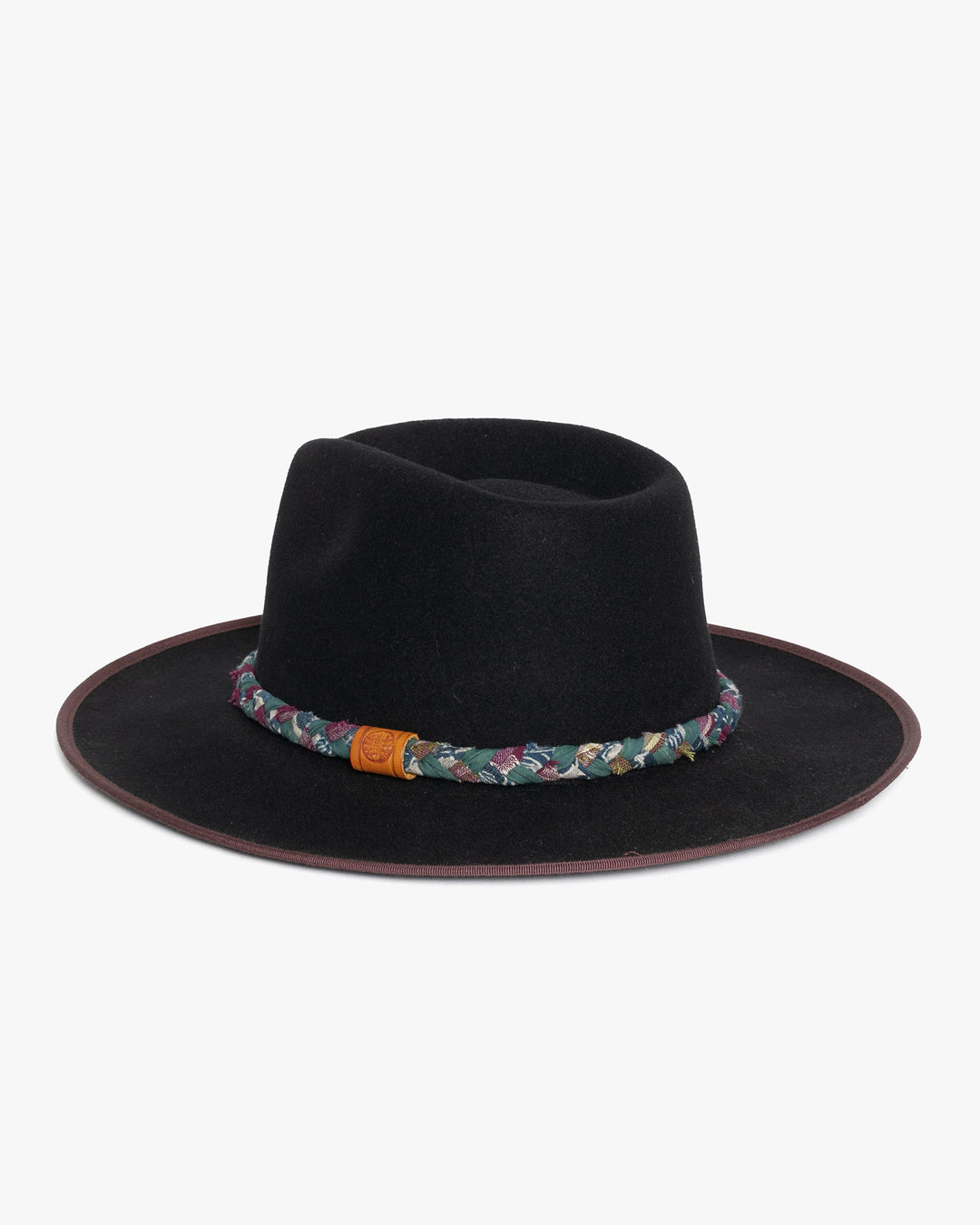 Kiriko Custom Wool Felt Hat, Navy with Braided Boro Fabric, Brixton, Teal and Burgundy