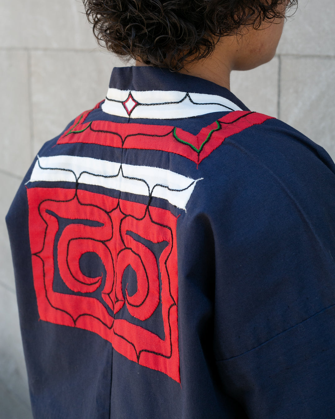 Vintage Ainu Jacket, Short, Indigo with Red and White Patterns
