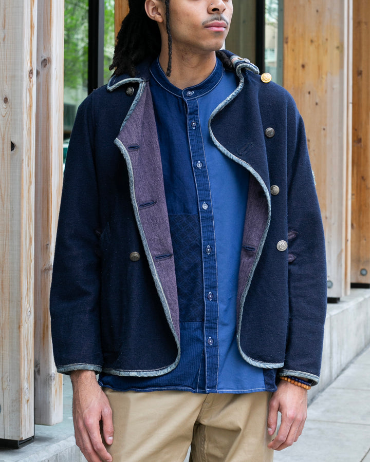 Japanese Repro Wool Coat, Kapital, Navy with Red and Light Blue Accents - M