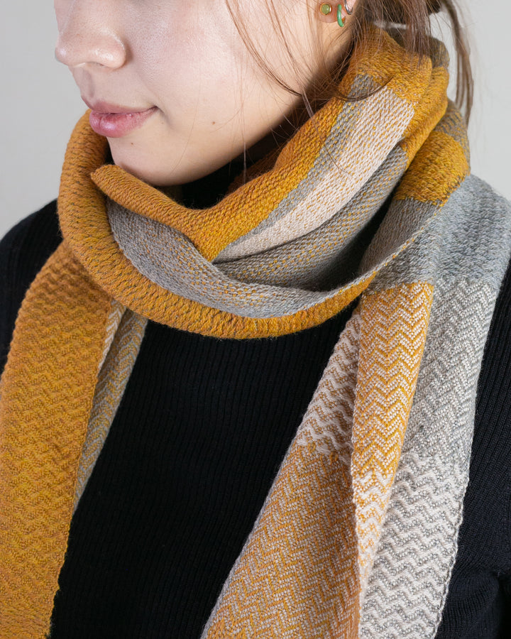 Kobo Oriza Scarf, Multi-Pattern Weave, Mustard Yellow and Grey with White Accents