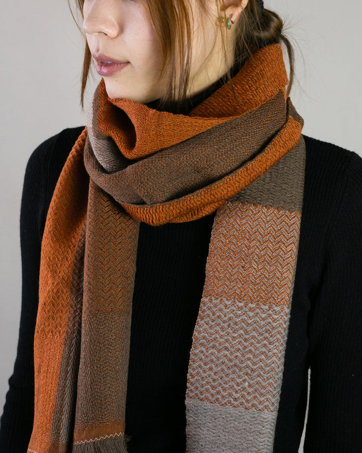 Kobo Oriza Scarf, Multi-Pattern Weave, Cinnamon and Brown with Light Grey Accents
