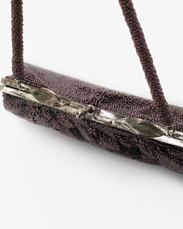 Vintage Bag, Purse, Beaded, Brown/Purple with Feathers