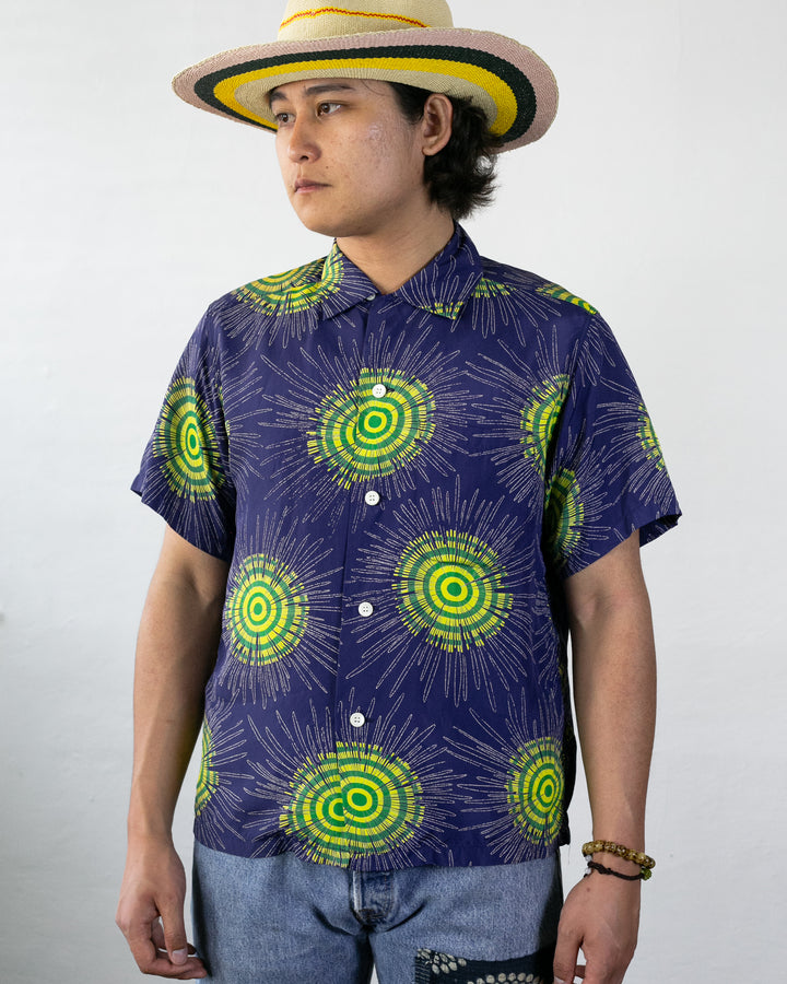 Japanese Repro, Short Sleeve Aloha Shirt, Sun Surf Brand, Blue with Yellow and Green Stars