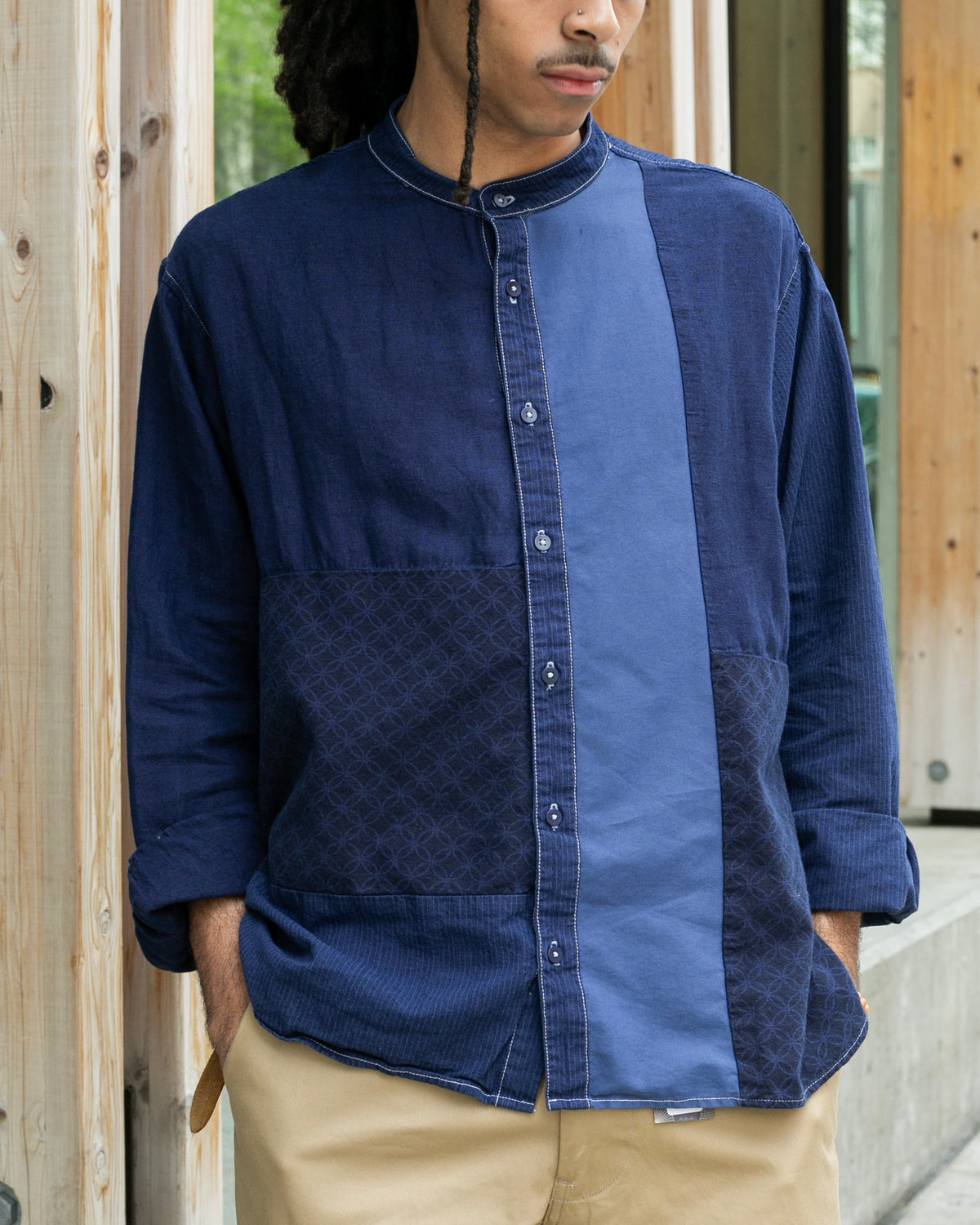 Long sleeve shirt with patched mandarin collar in custom-dyed Shippou pattern by Kiriko Made