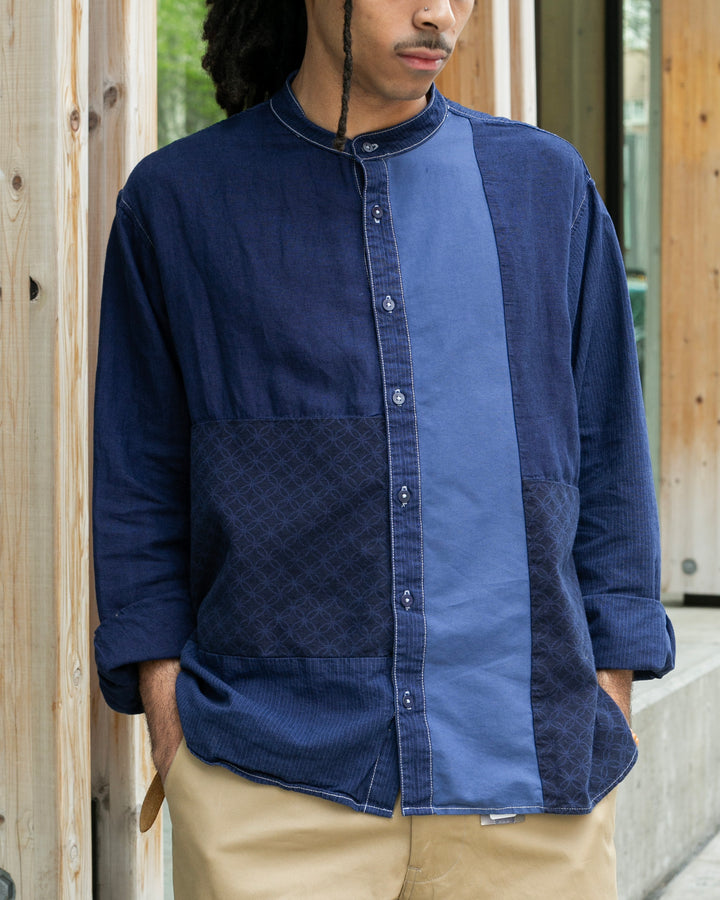 Long sleeve shirt with patched mandarin collar in custom-dyed Shippou pattern by Kiriko Made