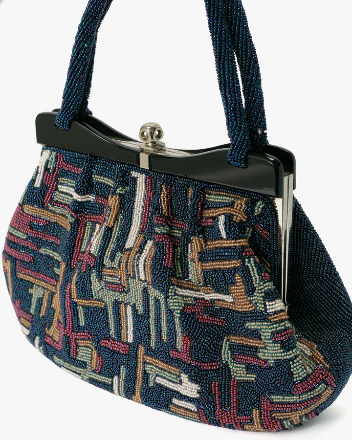 Vintage Bag, Purse, Beaded, Blue with Multi Abstract