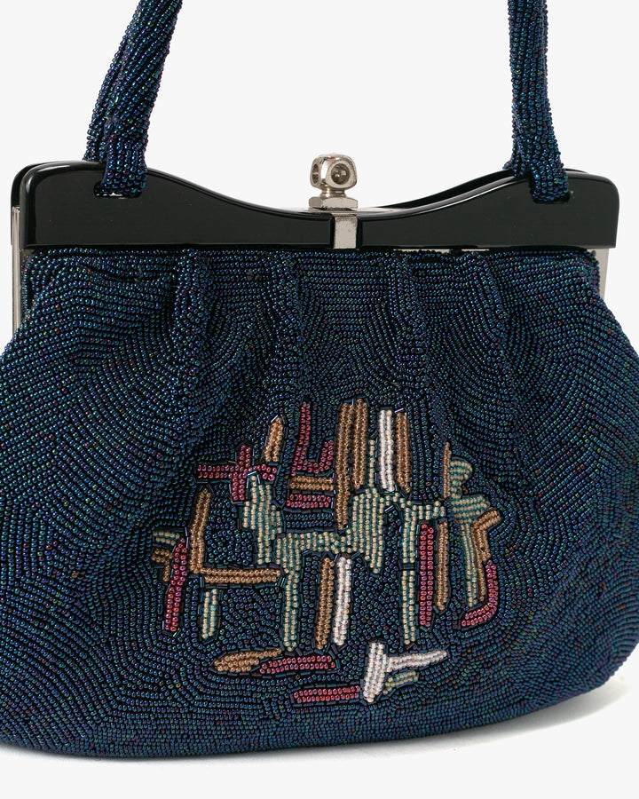 Vintage Bag, Purse, Beaded, Blue with Multi Abstract