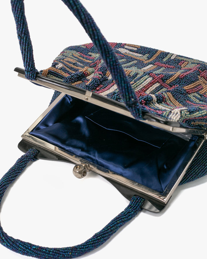 Vintage Bag, Purse, Beaded, Blue with Multi Abstract