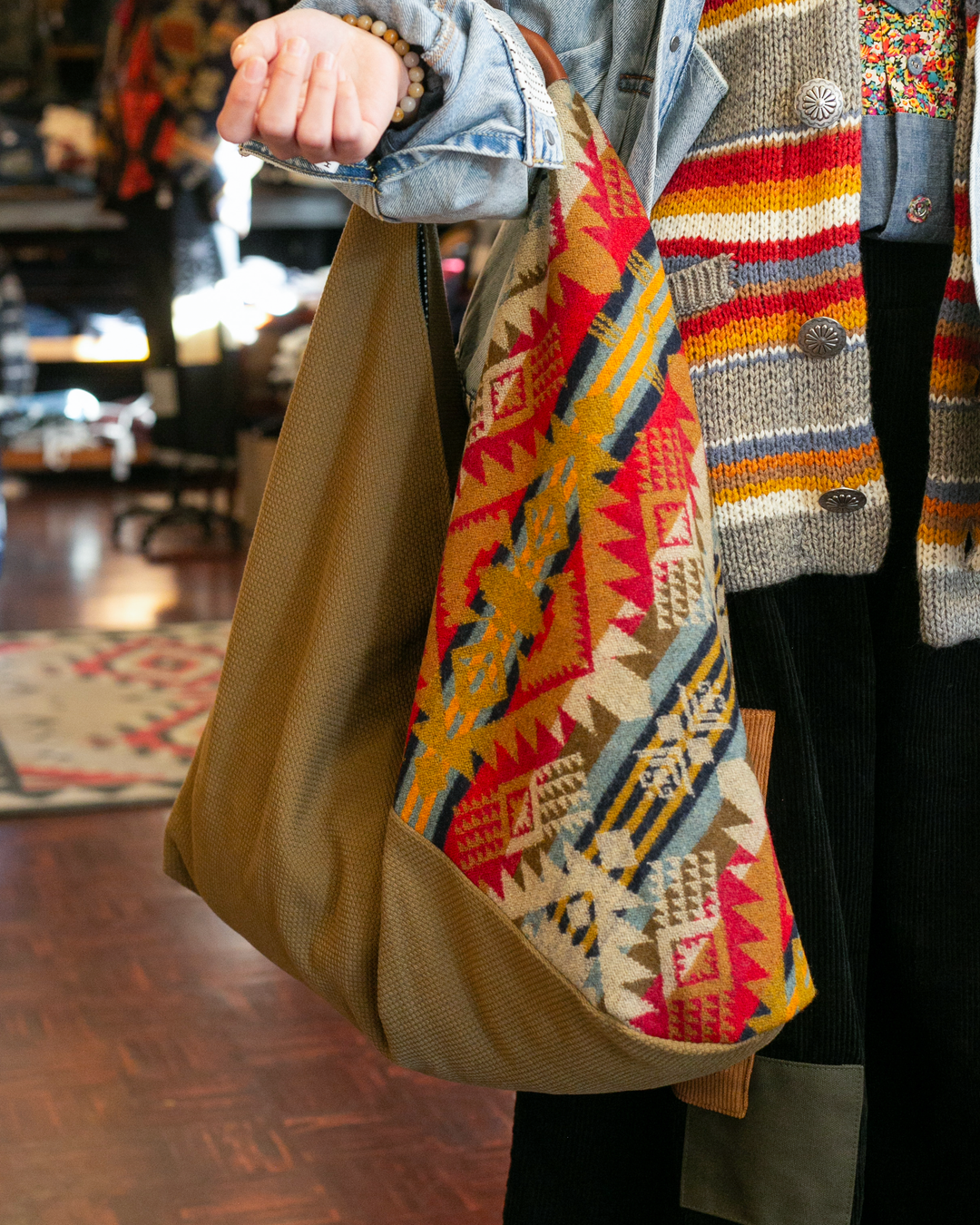 Kiriko Original Tsuno Tote, Sashi-Ori, Olive and Red Multi-Color Pendleton Fabric