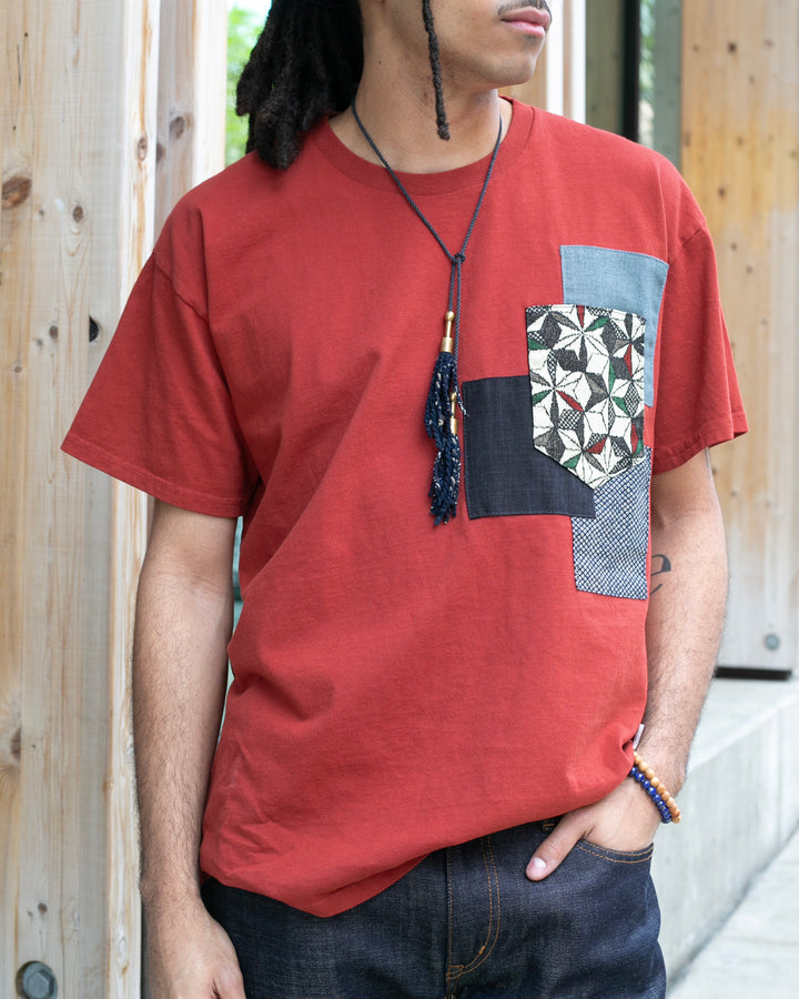 Kiriko Original Tee, 8oz Cotton, Patched Pocket Tee, Red with Indigo Kanoko, Black and Cream Asanoha