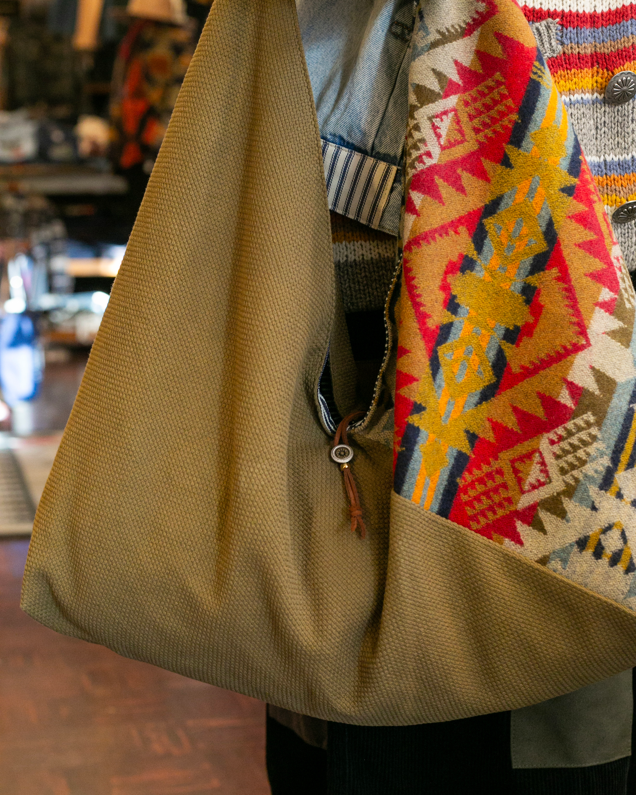 Kiriko Original Tsuno Tote, Sashi-Ori, Olive and Red Multi-Color