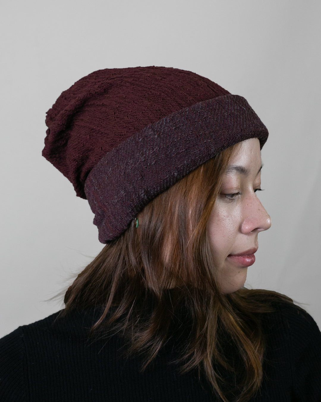 Kobo Oriza Knit Cap, Multi Functional, Cotton, Split Maroon and Cocoa Brown , 9˝