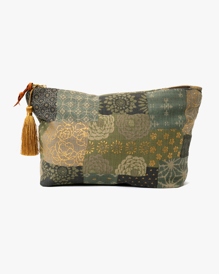 Sage and gold patchwork stand-up pouch with tassel by Kiriko Made