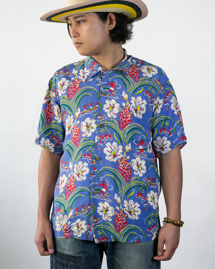 Japanese Repro, Short Sleeve Aloha Shirt, Sun Surf Brand, Blue with Multicolor Surfing and Flowers