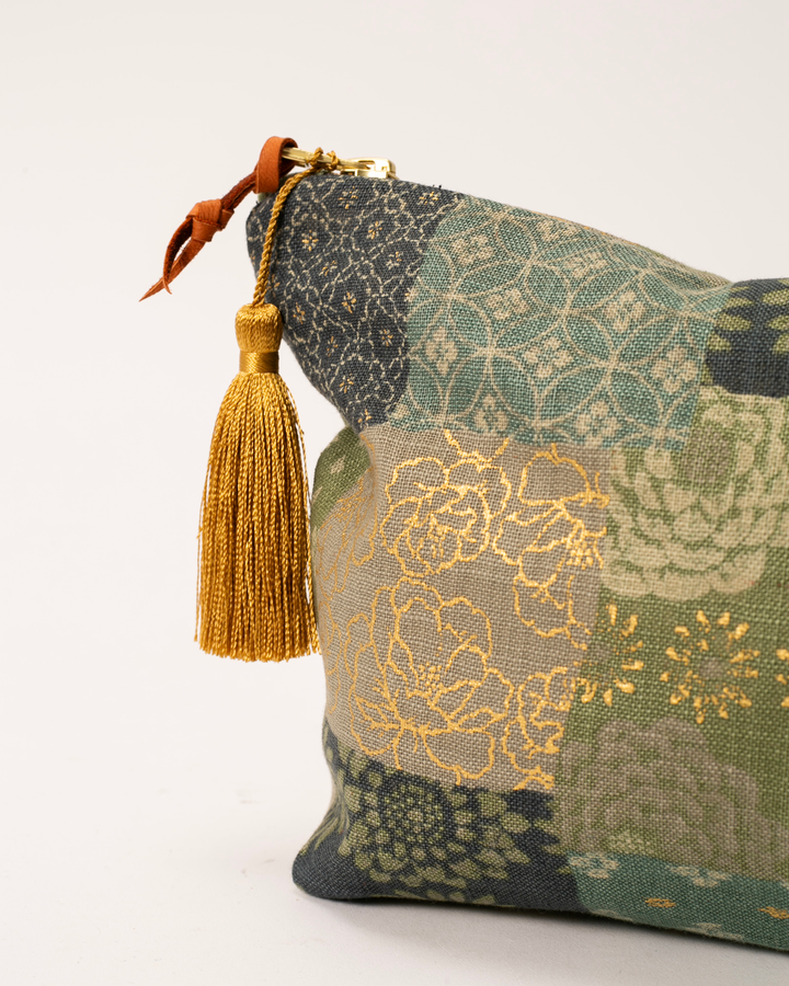 Kiriko Original  Stand-Up Pouch, Multi Patchwork, Sage and Gold with Tassle