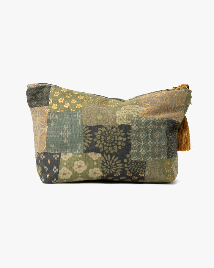 Kiriko Original  Stand-Up Pouch, Multi Patchwork, Sage and Gold with Tassle