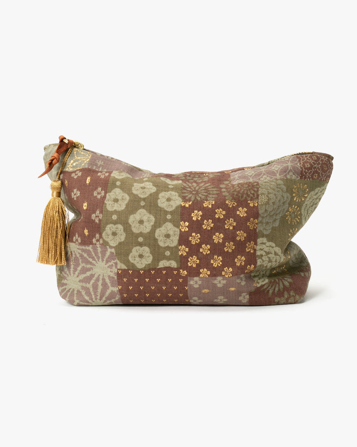 Kiriko Original Obi Stand-Up Pouch, Multi Patchwork, Azuki and Gold with Tassle