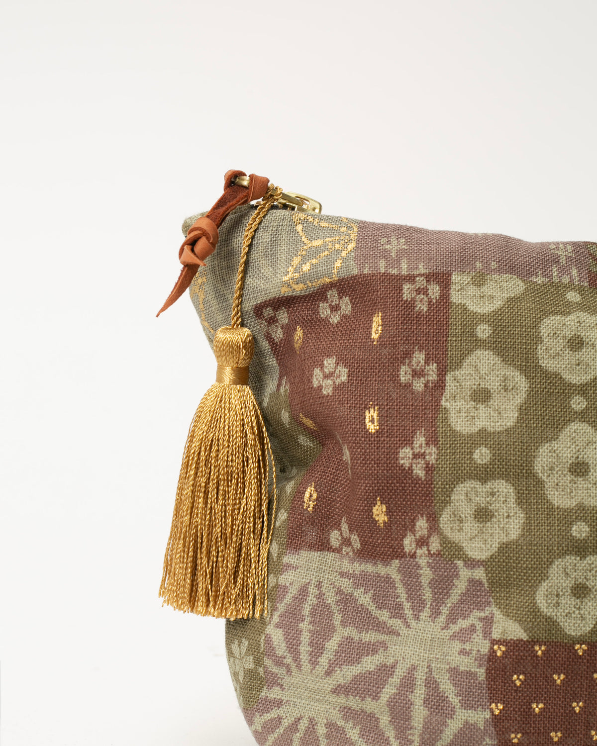Kiriko Original Stand-Up Pouch, Multi Patchwork, Azuki and Gold with Tassle