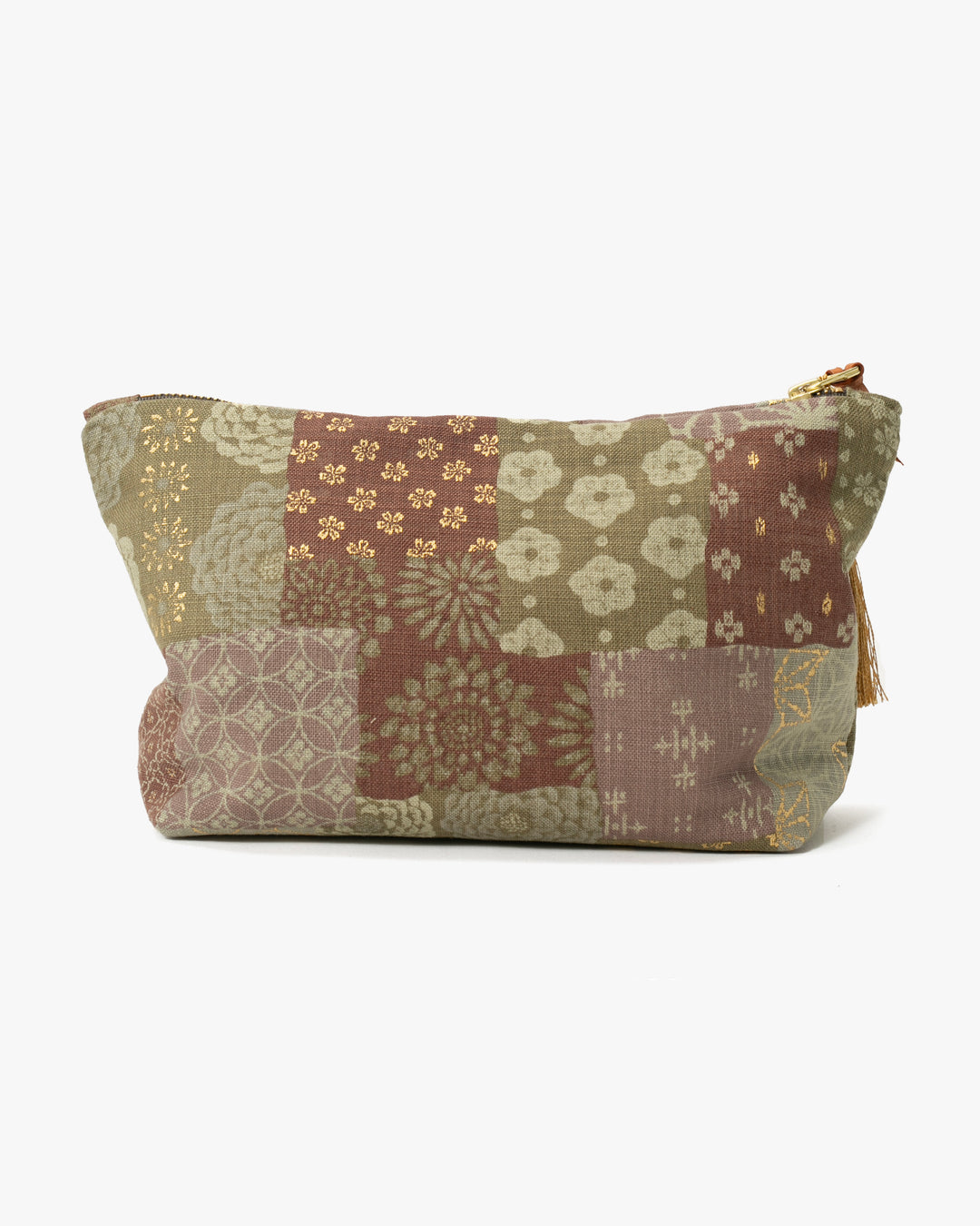Kiriko Original Stand-Up Pouch, Multi Patchwork, Azuki and Gold with Tassle